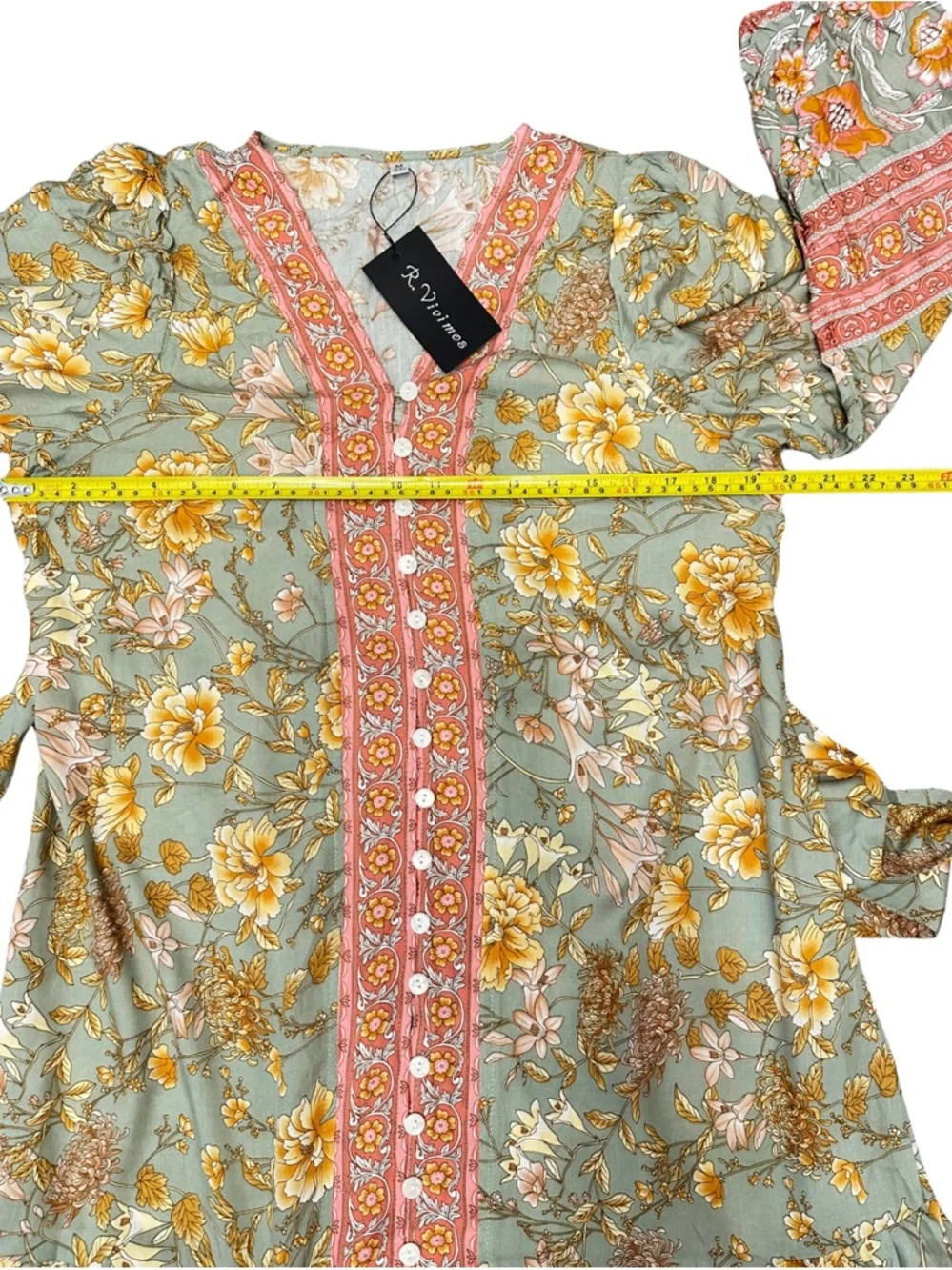 Boho Floral Midi Dress Sage Green Pink Border Print Button Front Size M NWT - Picture 13 of 15